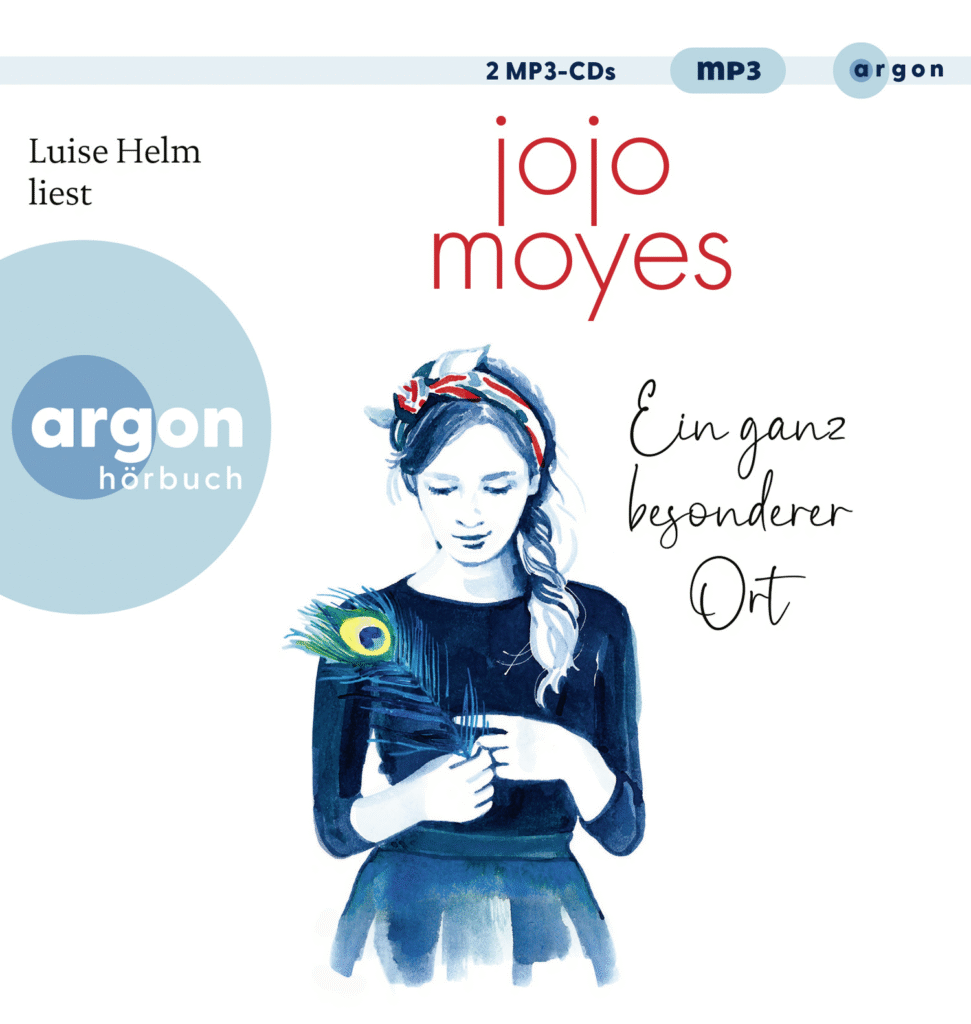 Agon Hörbuch-Cover "Ein ganz besonderer Ort" von Jojo Moyes - mit einer Grafik einer jungen Frau in Dunkelblau